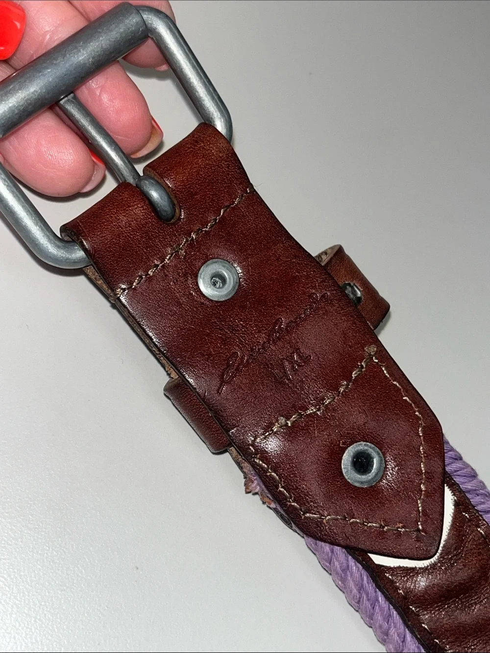 Eddie Bauer Lavender Braided Belt with Brown Leather Trim Size L / XL